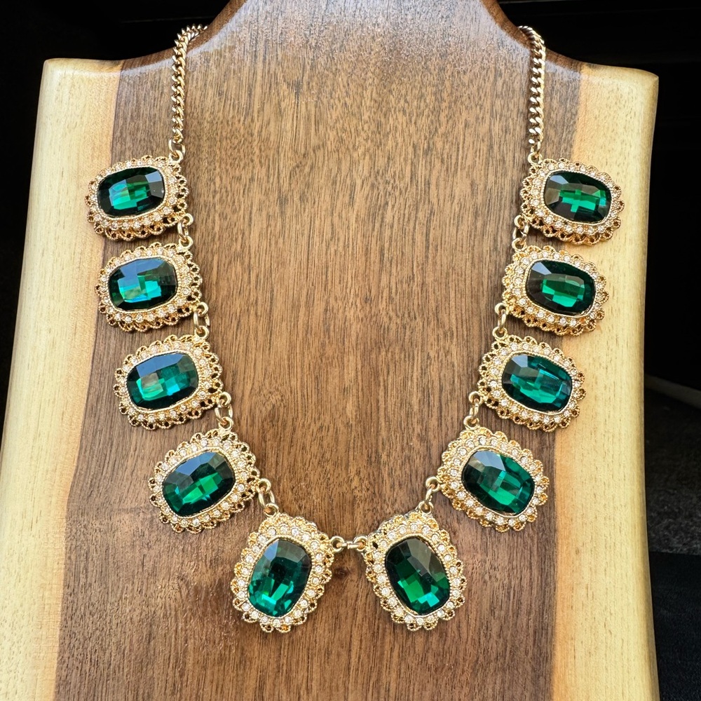 Gold and Green Rhinestone Statement Necklace